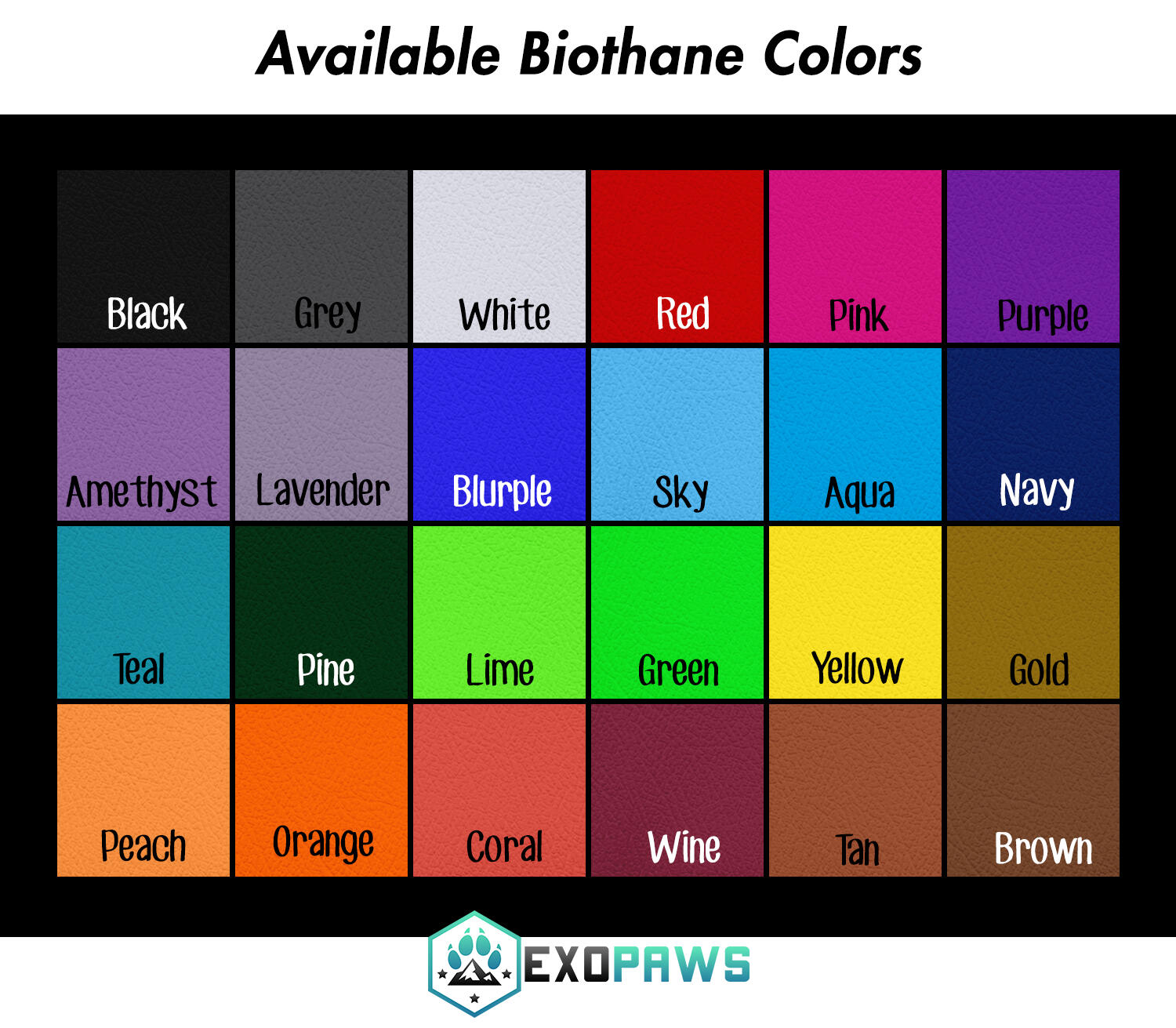 A chart of all biothane colors available. They are the same colors as the text table below, in order.